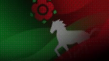 Sie stehen vor einer Wand mit einer 1,70 m mal 3 m großen farbigen Grafik. Sie zeigt die einzelnen Bestandteile des Wappens von Nordrhein-Westfalen in anderer Anordnung und verfremdet. Die Grafik ist im Halbtonraster dargestellt, sie besteht aus vielen kleinen Punkten. Sie zeigt im Hintergrund grüne Wellen, die zum rechten Bildrand hin in rote Wellen übergehen. Im Vordergrund ist ein weißes Pferd zu sehen, das aus den roten Wellen herauszulaufen scheint. Über ihm schwebt eine rote Blume mit grünen Blättern.